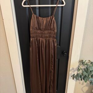 Abercrombie Medium Brown Shocked Satin Slit Sleeveless Elegant Maxi Dress